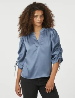 neo noir Alvira Drapy Satin Bluse - Blå blue Sale