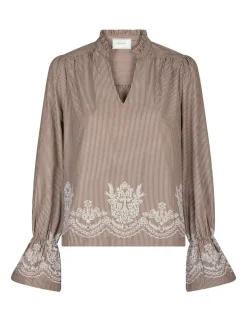 neo noir Amara Striped Emb Bluse - Camel camelcolour Best