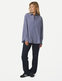 neo noir Dalma B Stripe Stone Skjorte - Mørkeblå Dark Blue Online