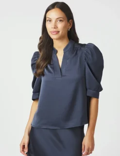 neo noir Roella Heavy Sateen Bluse - Mørkeblå Dark Blue Discount